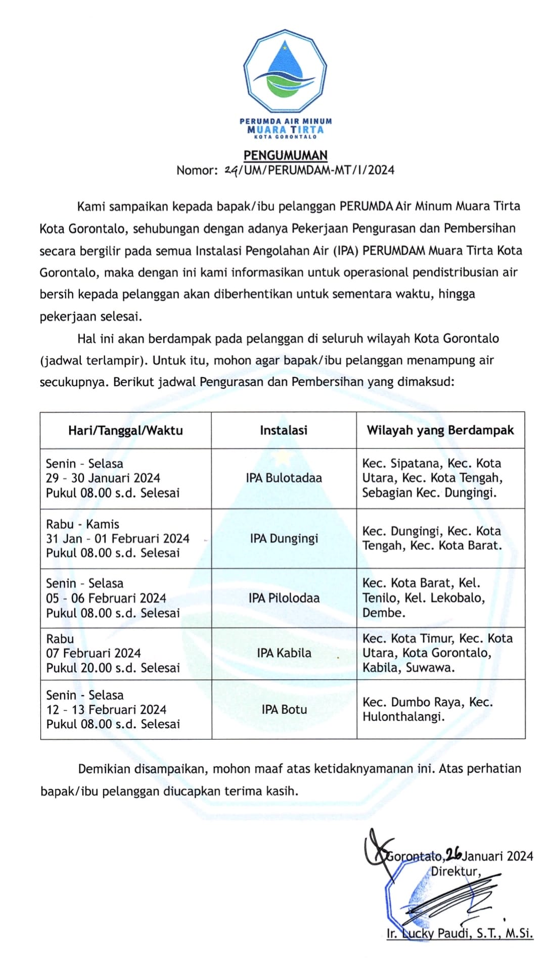 Pekerjaan Pengurasan & Pembersihan secara Bergilir pada Semua Instalasi Pengolahan Air ( IPA) di Perumda Muara Tirta Kota Gorontalo