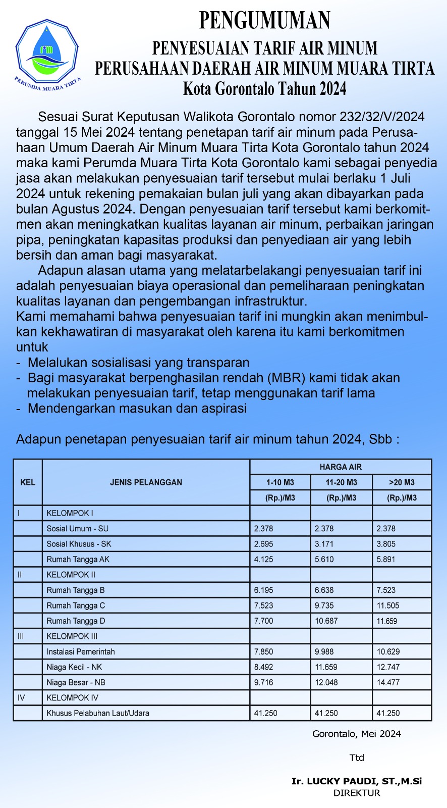 PENYESUAIAN TARIF AIR MINUM TAHUN 2024